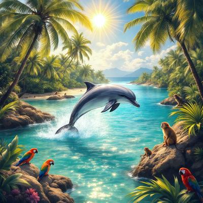 The primary subject of the image is a dolphin, which is swimming in a body of water. The setting is a tropical environment, with palm trees and a beach in the background. The visual style is a painting, which creates a vibrant and lively atmosphere. The colors are predominantly blue and green, with the dolphin being white, and the palm trees adding a touch of yellow. The overall mood of the image is serene and peaceful, as the dolphin gracefully swims